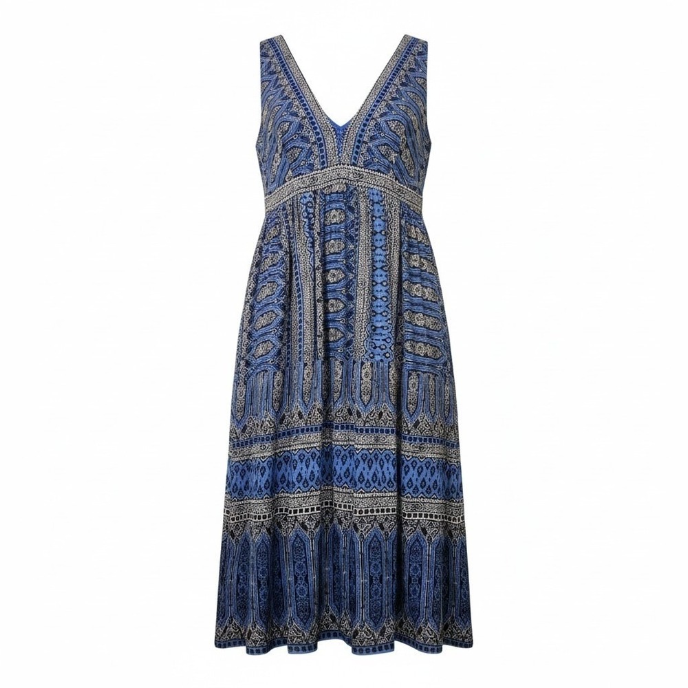 J.Crew‎ Blue Block Print Midi Dress Women's 10 Coastal Cottagecore Boho